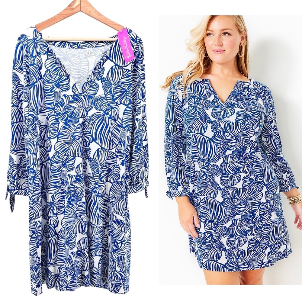 Lilly Pulitzer Navy and White Leaf-Print V-Neck Shift Dress